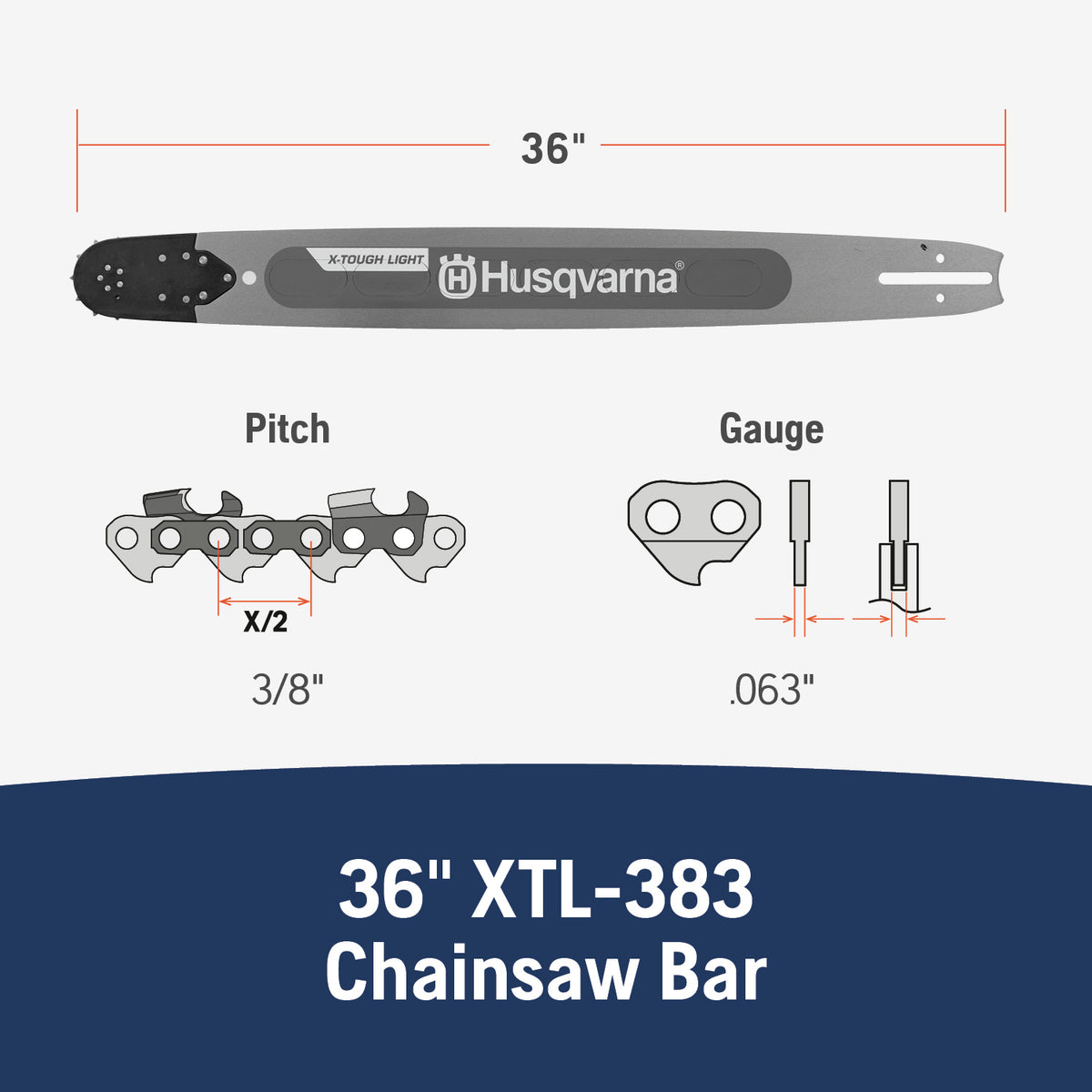 Husqvarna X-Tough Light 36 Inch Laminated Chainsaw Bar, .375" Pitch .063" Gauge, 115 Drive Links