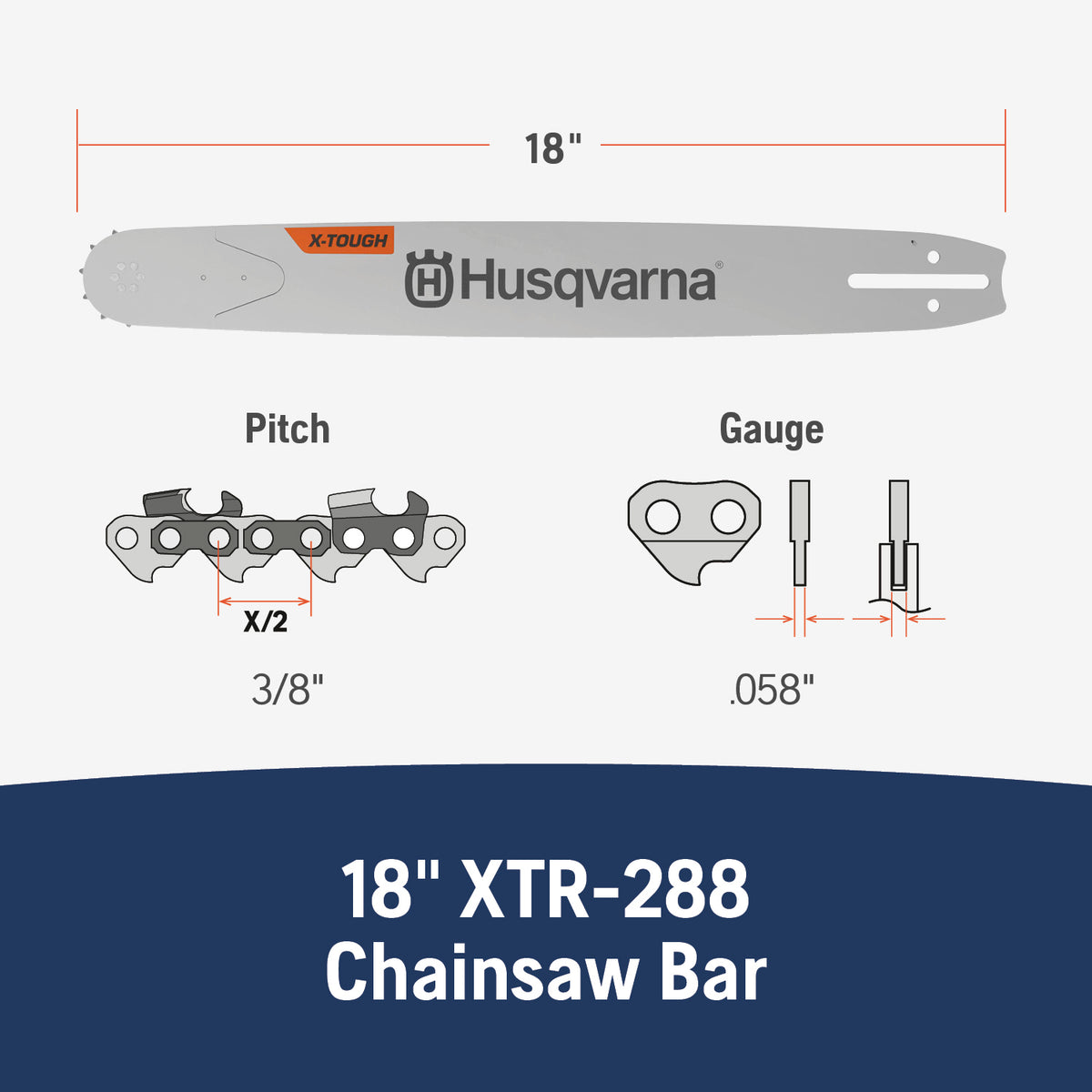 Husqvarna X-Tough 18 Inch Laminated Chainsaw Bar, 3/8" Pitch .058" Gauge, 68 Drive Links