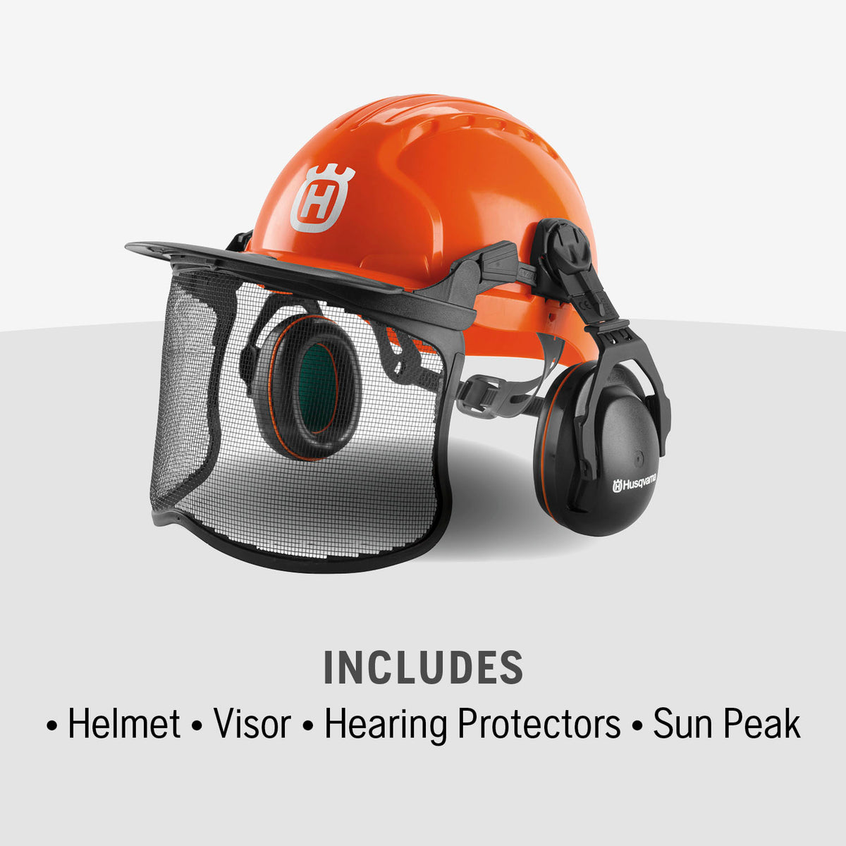 Husqvarna 592752601 Chainsaw Helmet with HDPE Shell, Face Shield, Ear Muffs and Sun Peak, Chainsaw Safety Gear