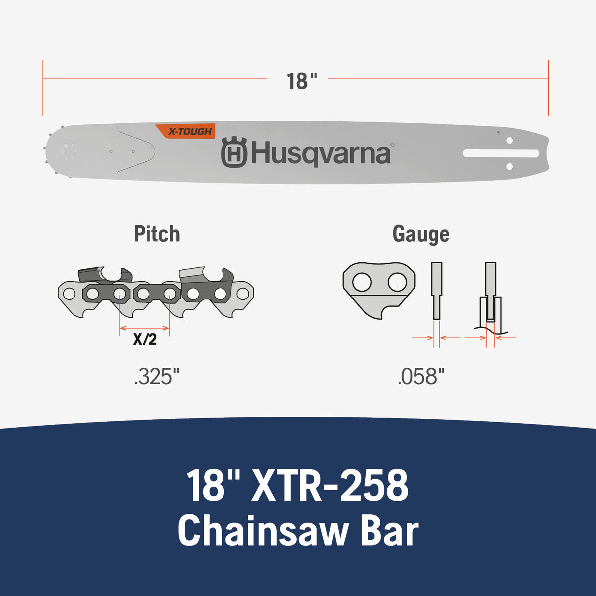 Husqvarna X-Tough 18 Inch Laminated Chainsaw Bar with small mount, .325" Pitch .058" Gauge, 72 Drive Links