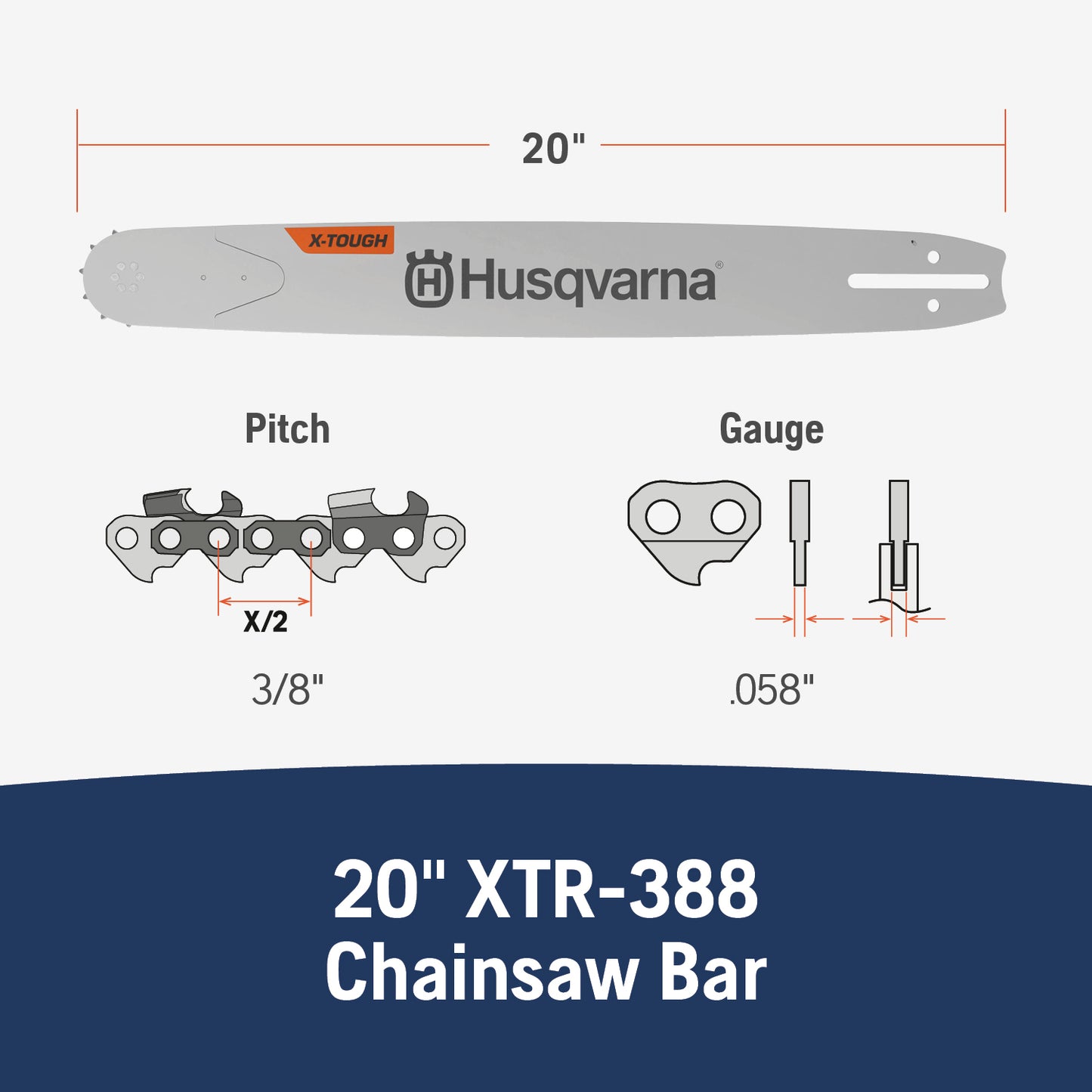 Husqvarna 20-Inch X-Tough Light Guide Bar 3/8-Inch Pitch .050 Gauge 72DL - 596689172